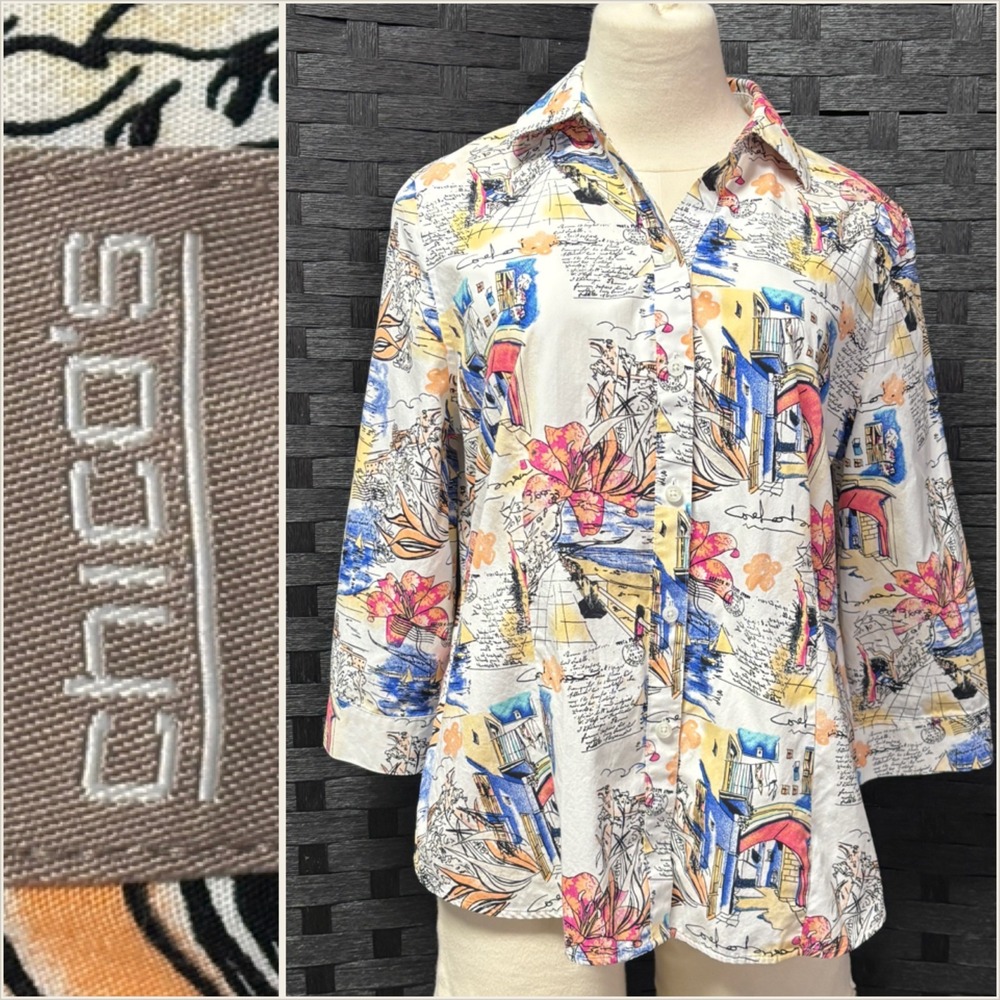 Chico's Sz 1 Wrinkle Resistant 3/4 Sleeve Collared‎ Shirt Scenic Print